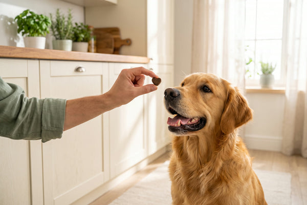 Un golden retriever attend sa friandise, tendue par une main
