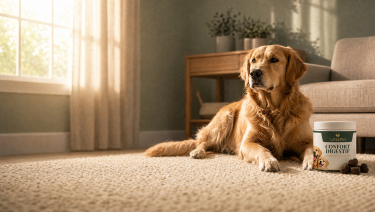 Un golden retriever se repose sur un tapis, dans un salon baigné de soleil, à côté du pot NATURINU Confort digestif