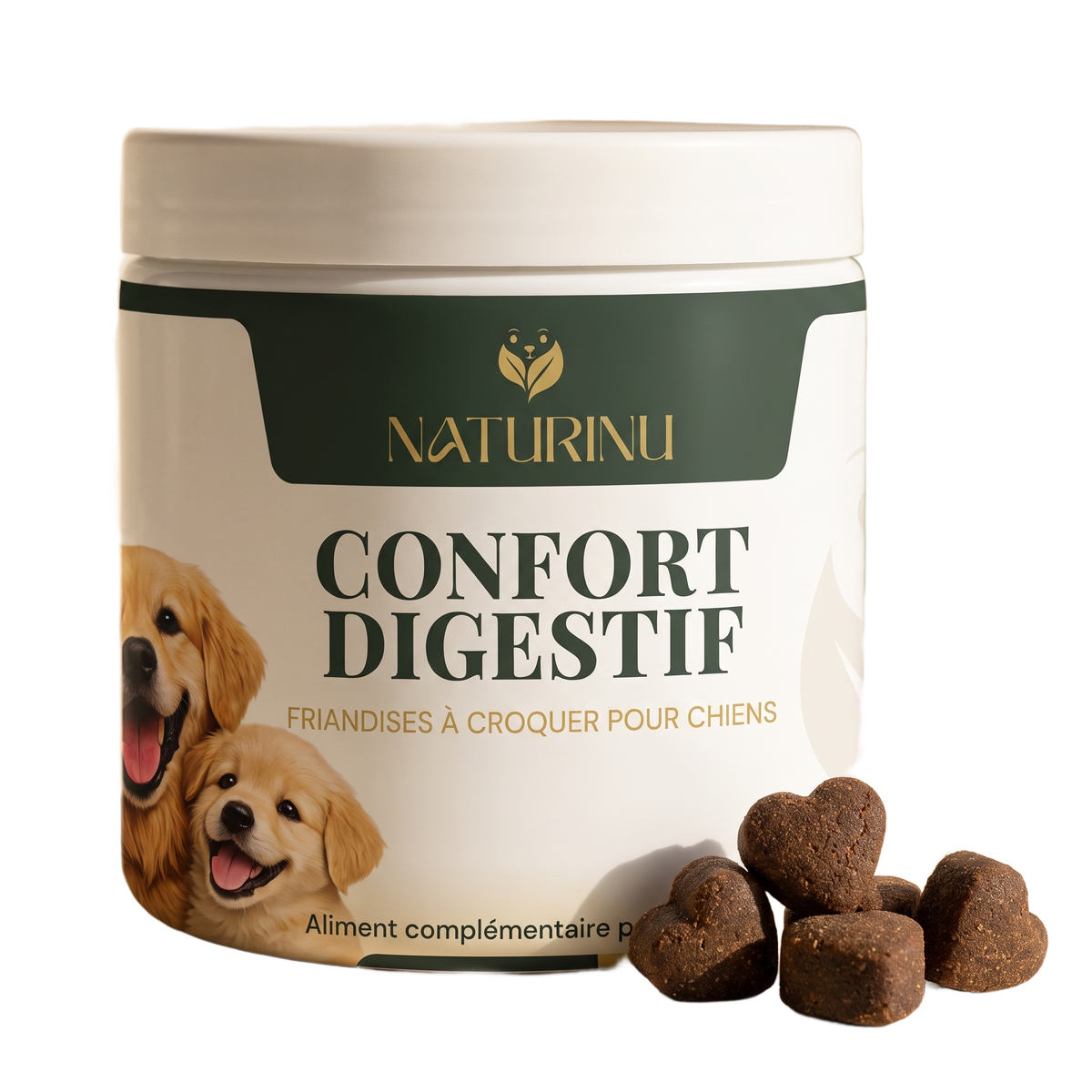Pot NATURINU Confort Digestif, friandises probiotiques pour chiens, packshot fond blanc