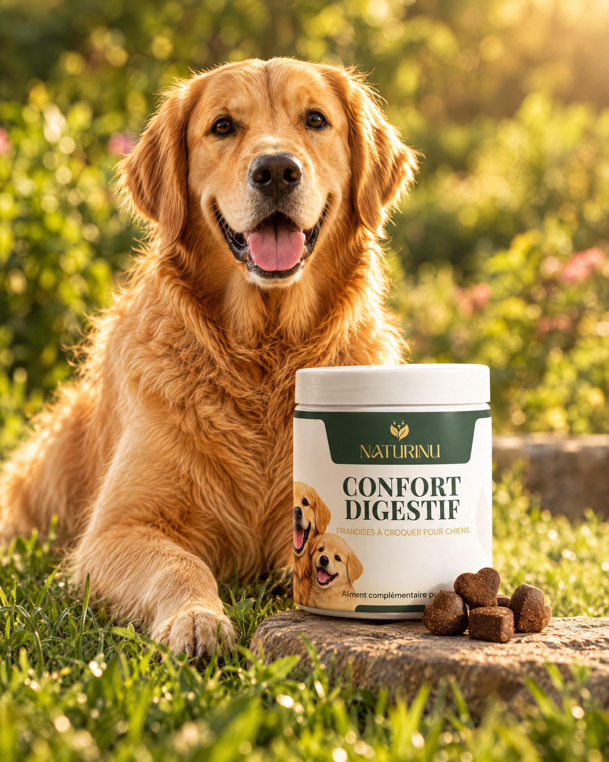 Chien golden retriever souriant dans un jardin ensoleillé à côté du pot NATURINU Confort Digestif